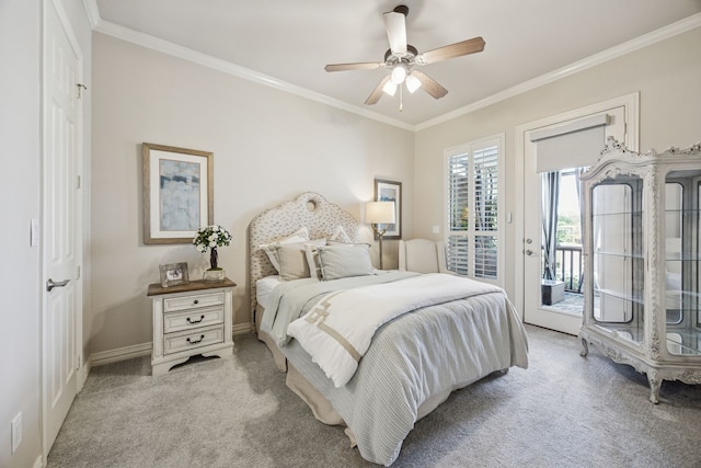 1318 Amsterdam Ct, Granbury, TX 76048 - bedroom featuring light colored carpet, access to exterior, crown molding, baseboards, and a ceiling fan