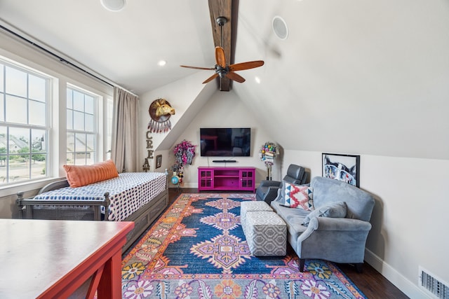 1318 Amsterdam Ct, Granbury, TX 76048 - living room featuring baseboards, lofted ceiling, wood finished floors, a ceiling fan, and recessed lighting
