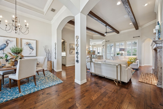 1318 Amsterdam Ct, Granbury, TX 76048 - dining room featuring a chandelier, dark wood finished floors, baseboards, arched walkways, and beamed ceiling