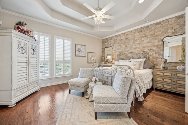 1318 Amsterdam Ct, Granbury, TX 76048 - bedroom with a raised ceiling, wood-type flooring, ornamental molding, recessed lighting, and a ceiling fan