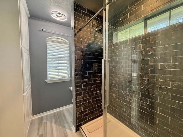 full bathroom featuring baseboards, wood finished floors, and a shower stall