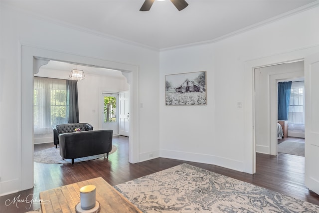 interior space with ceiling fan, baseboards, dark wood-type flooring, and ornamental molding