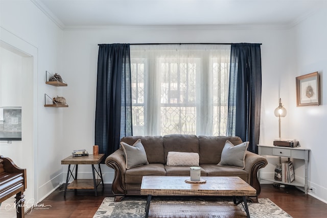 living area with baseboards, dark wood-style floors, and crown molding