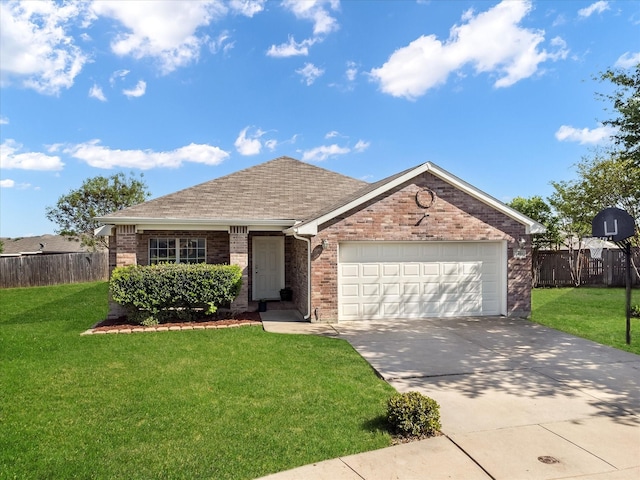 single story home featuring a garage, a front lawn, concrete driveway, and fence