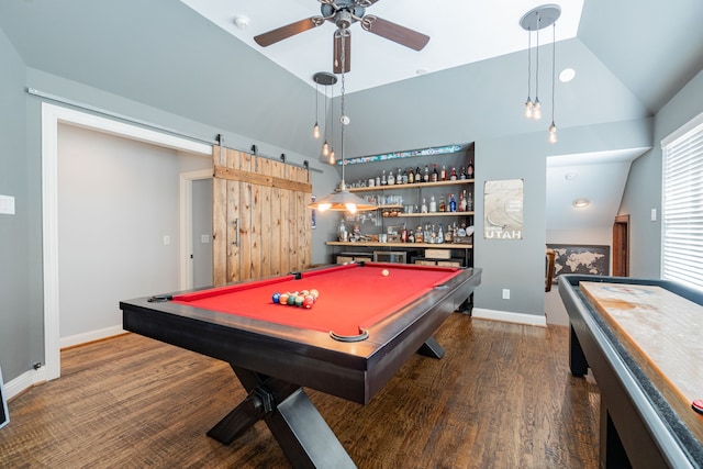 rec room featuring a dry bar, dark wood-style floors, lofted ceiling, a ceiling fan, and pool table