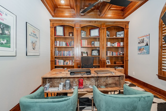 office featuring wood finished floors, wooden ceiling, crown molding, baseboards, and ceiling fan