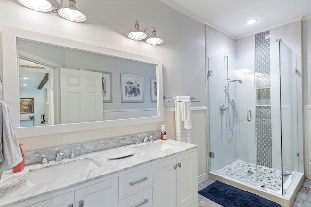 125 Bay Tree Trl, Mabank, TX 75156 - full bathroom featuring a stall shower, double vanity, and crown molding