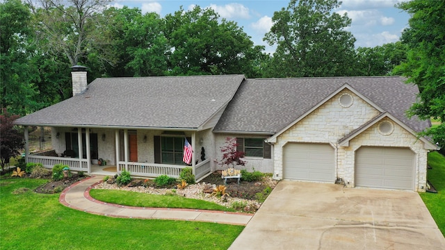 single story home featuring roof with shingles, driveway, a porch, a chimney, and a garage