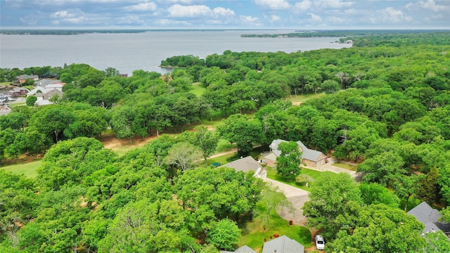 aerial view featuring a wooded view and a water view