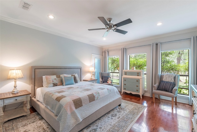 bedroom featuring recessed lighting, hardwood / wood-style floors, crown molding, and a ceiling fan