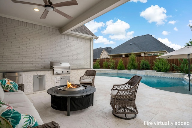 3221 Sunday Silence Ln, Celina, TX 75009 - view of pool with exterior kitchen, a fenced backyard, grilling area, a ceiling fan, and an outdoor fire pit