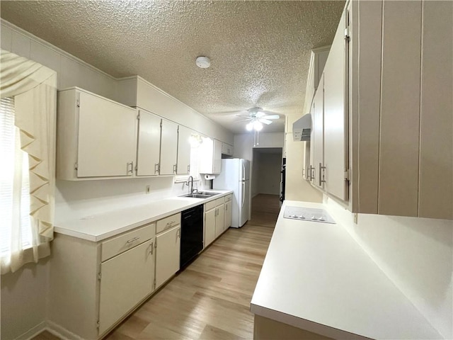 kitchen featuring black dishwasher, freestanding refrigerator, light wood-type flooring, and ceiling fan