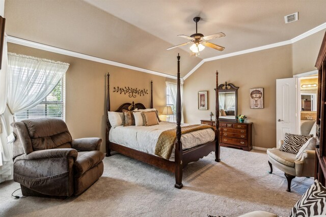 carpeted bedroom featuring vaulted ceiling, visible vents, ornamental molding, and multiple windows