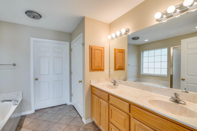 6424 County Road 176, Stephenville, TX 76401 - bathroom with a garden tub, tile patterned floors, a sink, and double vanity