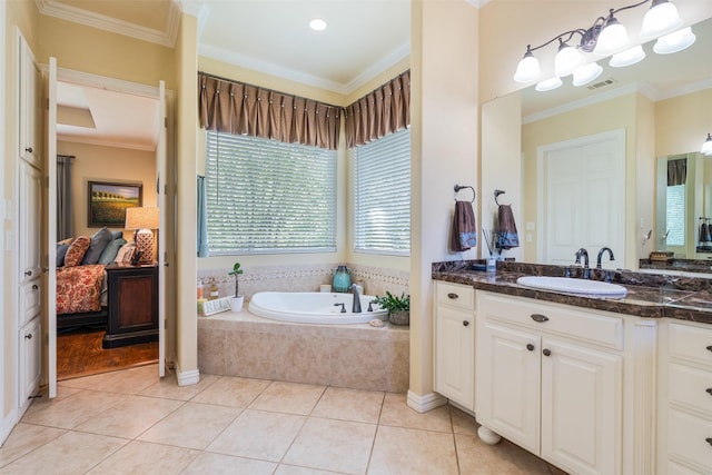 ensuite bathroom featuring a bath, vanity, ornamental molding, and ensuite bathroom