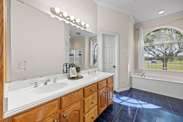 560 Glenn Ln, Red Oak, TX 75154 - bathroom with a sink, tile patterned flooring, ornamental molding, and double vanity
