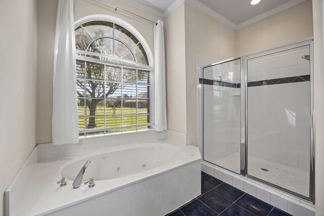 560 Glenn Ln, Red Oak, TX 75154 - full bathroom with a stall shower, a tub with jets, ornamental molding, and tile patterned floors