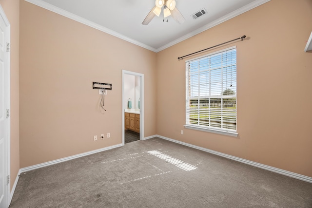 560 Glenn Ln, Red Oak, TX 75154 - carpeted empty room with ceiling fan, visible vents, baseboards, and ornamental molding