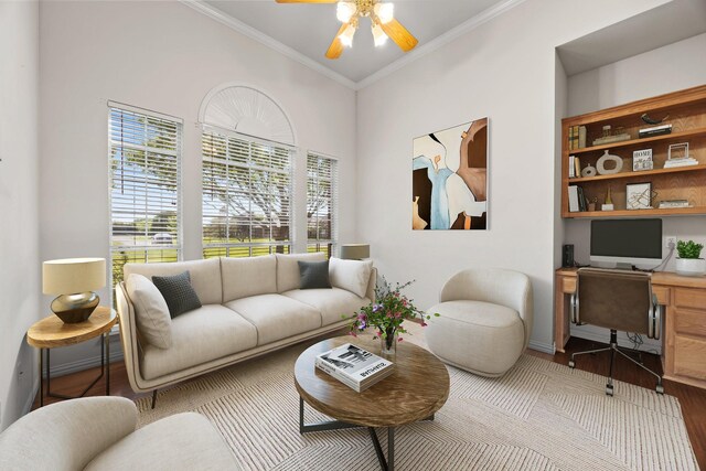 560 Glenn Ln, Red Oak, TX 75154 - living area with wood finished floors, an office area, ornamental molding, ceiling fan, and baseboards