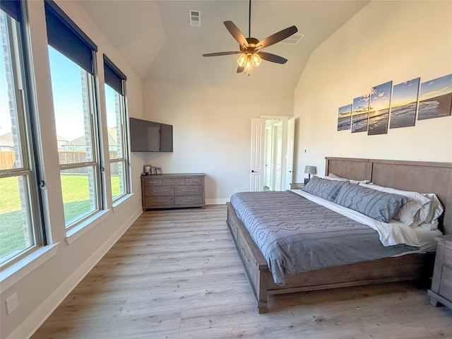 3810 Braxton Dr, Melissa, TX 75454 - bedroom featuring high vaulted ceiling, light wood finished floors, baseboards, and a ceiling fan