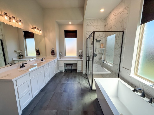 3810 Braxton Dr, Melissa, TX 75454 - full bath featuring plenty of natural light, a tub to relax in, a stall shower, double vanity, and recessed lighting