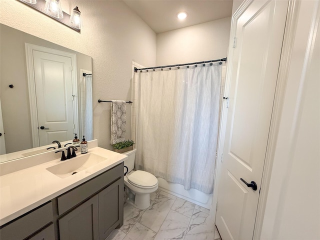 3810 Braxton Dr, Melissa, TX 75454 - full bath with vanity, toilet, marble look tile flooring, shower / bath combo with shower curtain, and recessed lighting