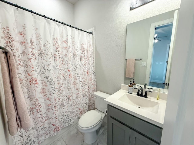 3810 Braxton Dr, Melissa, TX 75454 - bathroom featuring toilet, vanity, a shower with shower curtain, and marble finish floors