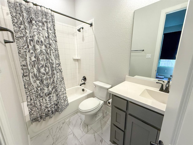 3810 Braxton Dr, Melissa, TX 75454 - full bath featuring shower / bath combination with curtain, toilet, a textured wall, vanity, and marble look tile flooring