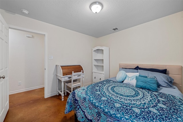 carpeted bedroom featuring baseboards, a textured ceiling, and visible vents