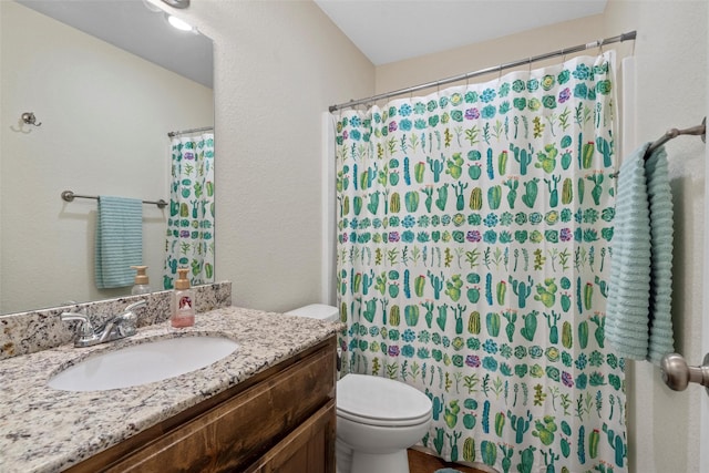 bathroom featuring a shower with curtain, vanity, and toilet