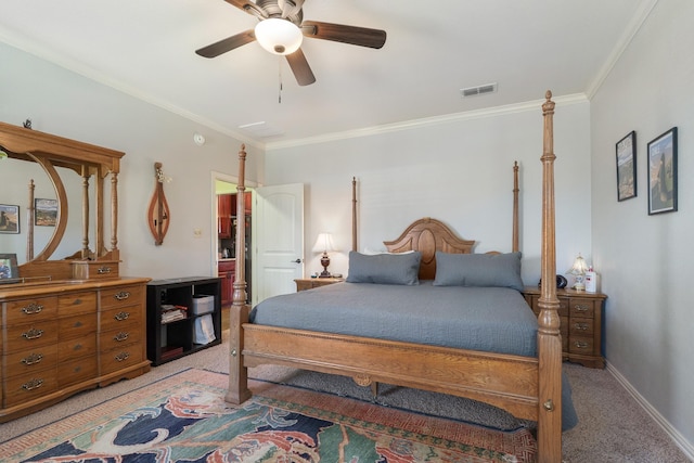 249 Winchester St, Tuscola, TX 79562 - bedroom with baseboards, visible vents, crown molding, and light colored carpet