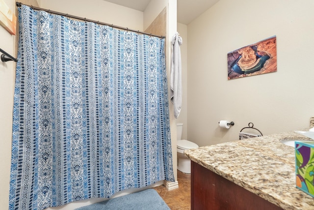 249 Winchester St, Tuscola, TX 79562 - bathroom featuring toilet, a shower with curtain, vanity, and tile patterned floors