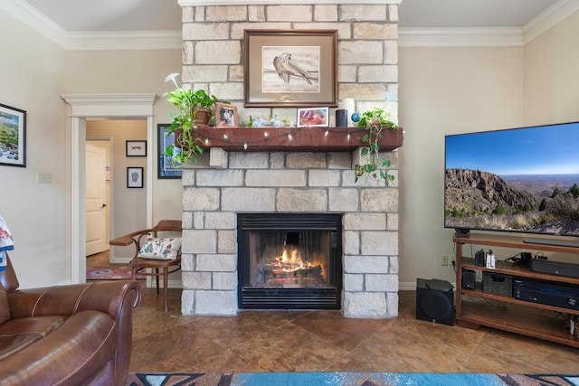 249 Winchester St, Tuscola, TX 79562 - living room featuring baseboards, ornamental molding, and a stone fireplace
