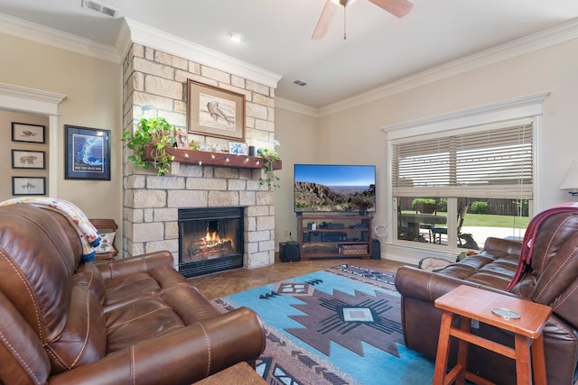 249 Winchester St, Tuscola, TX 79562 - living area with ceiling fan, ornamental molding, visible vents, and a fireplace