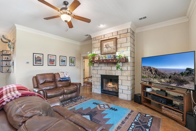 249 Winchester St, Tuscola, TX 79562 - living room with a stone fireplace, visible vents, crown molding, and a ceiling fan