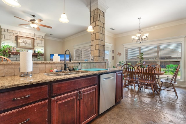 249 Winchester St, Tuscola, TX 79562 - kitchen featuring stainless steel dishwasher, dark brown cabinets, a sink, and a wealth of natural light