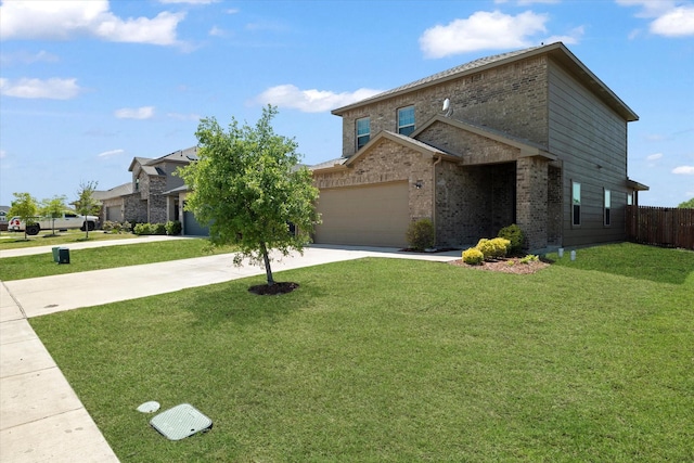 traditional-style house with a front lawn, concrete driveway, fence, brick siding, and an attached garage