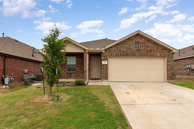 413 Everglades St, Princeton, TX 75407 - ranch-style house with driveway, central air condition unit, brick siding, a front lawn, and an attached garage
