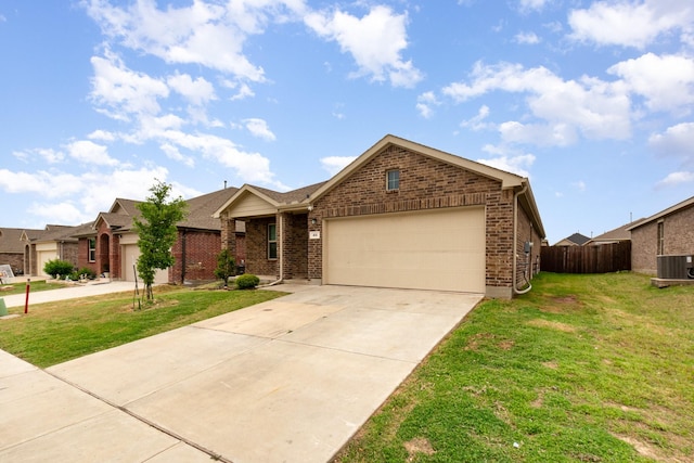 413 Everglades St, Princeton, TX 75407 - ranch-style house featuring a front yard, central AC unit, a garage, brick siding, and fence