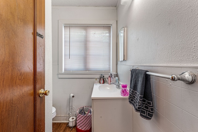 bathroom with wood finished floors, toilet, and vanity