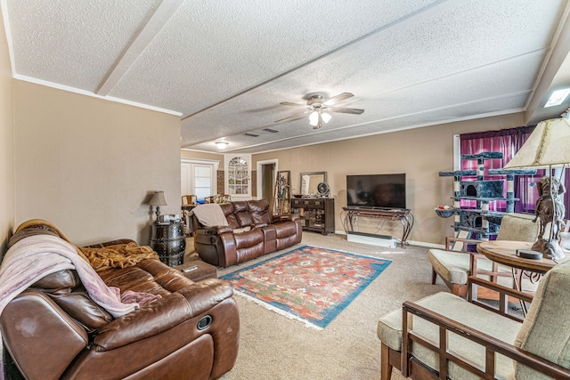 carpeted living room featuring a textured ceiling and ceiling fan