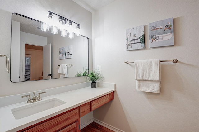 bathroom with wood finished floors and vanity