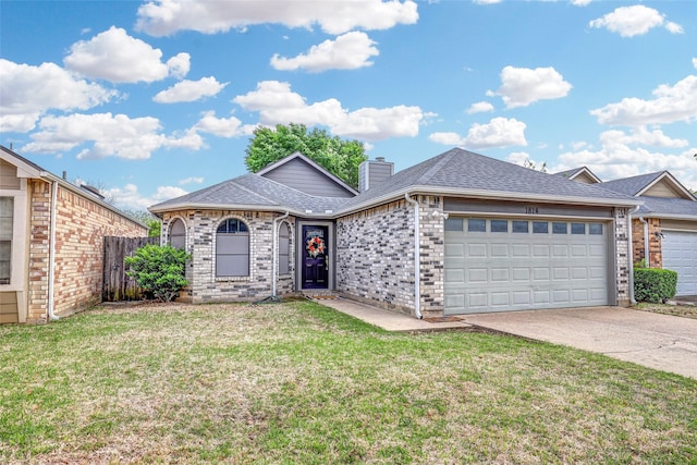 single story home with a garage, a front yard, roof with shingles, brick siding, and driveway