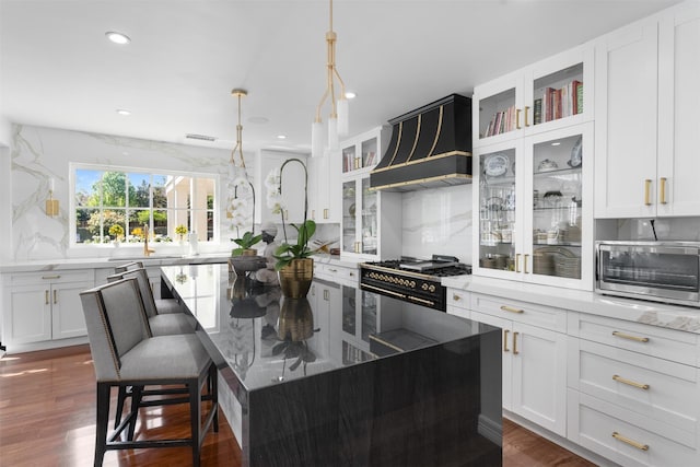 kitchen featuring white cabinetry, gas range, decorative backsplash, a kitchen island, and premium range hood