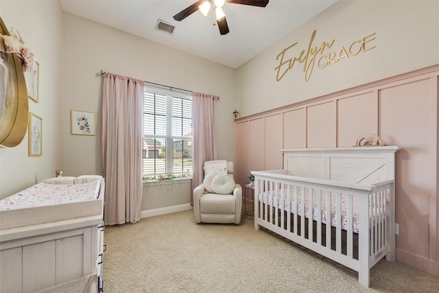 1121 Kirkwood Ln, Prosper, TX 75078 - carpeted bedroom with visible vents, a crib, and a ceiling fan