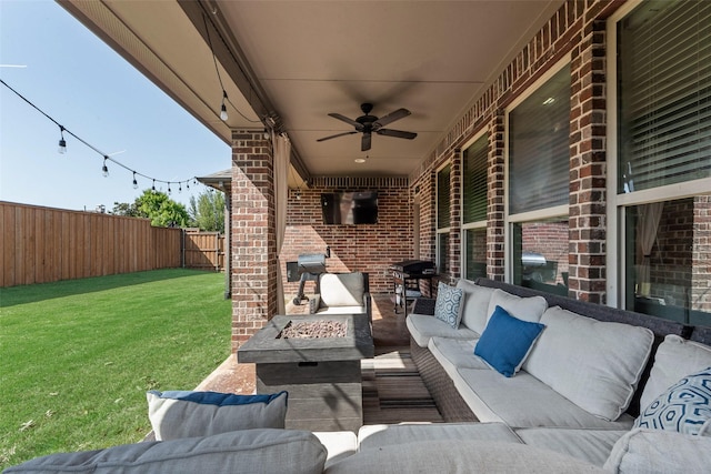 1121 Kirkwood Ln, Prosper, TX 75078 - view of patio / terrace featuring a fenced backyard, an outdoor living space with a fire pit, and ceiling fan