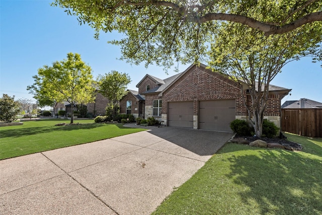 1121 Kirkwood Ln, Prosper, TX 75078 - traditional home with driveway, fence, brick siding, an attached garage, and a front yard