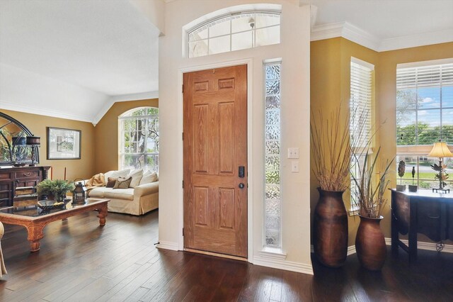 114 Deer Crossing Way, Azle, TX 76020 - living area featuring hardwood / wood-style flooring, ornamental molding, and vaulted ceiling