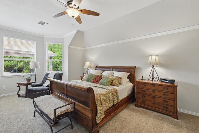 114 Deer Crossing Way, Azle, TX 76020 - bedroom featuring light carpet, crown molding, ceiling fan, and vaulted ceiling