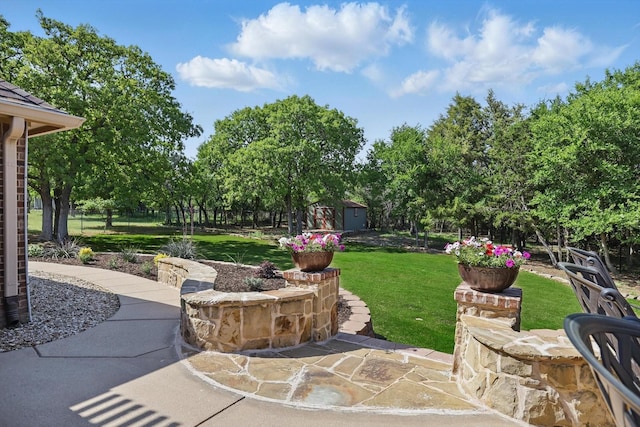 114 Deer Crossing Way, Azle, TX 76020 - view of green lawn featuring an outdoor structure, a patio area, a storage shed, and view of scattered trees